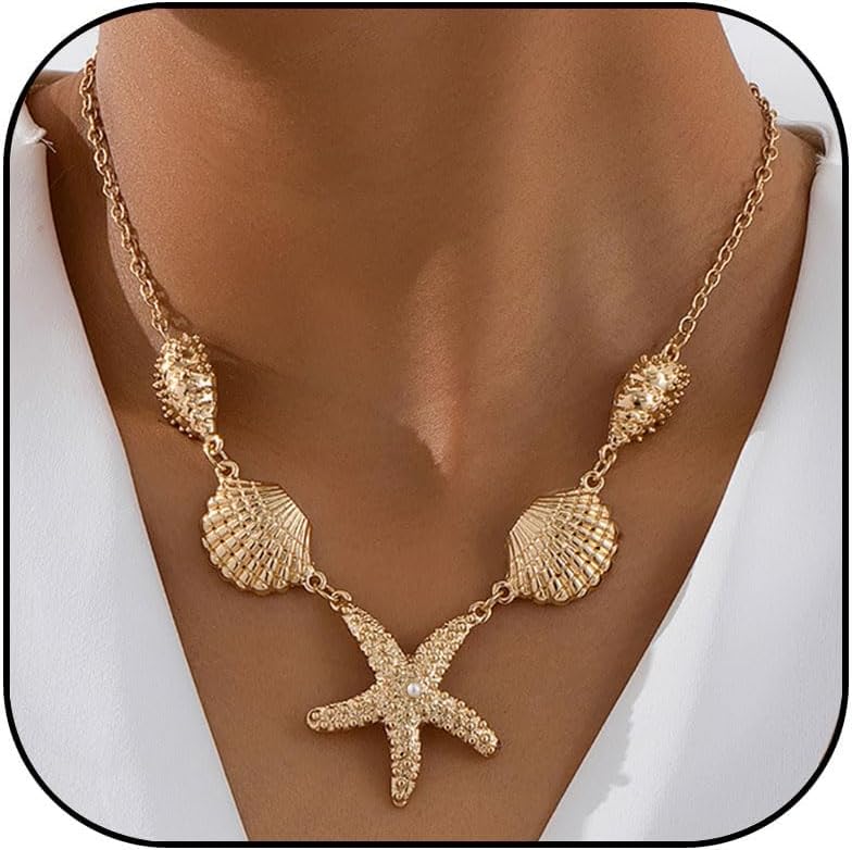 MIFYNN Gold Shell Starfish Necklace for Women Pearl Shell Necklace Layered Beaded Starfish Necklaces Summer Beach Surf Jewelry Gifts for Women - Image 1